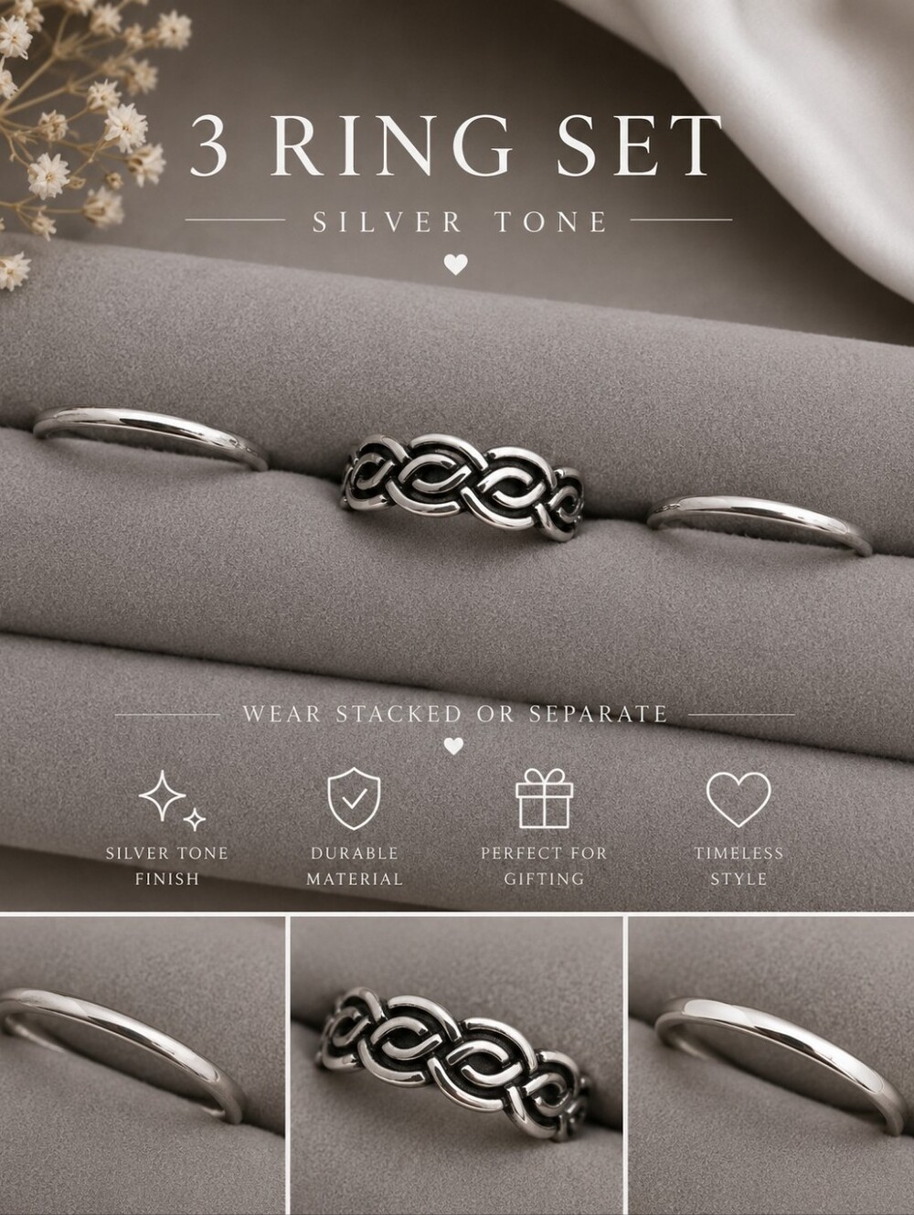 Interwoven Ring Trio Silver Tone